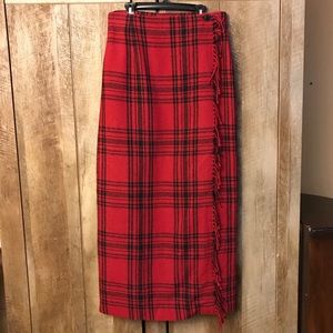 Vintage red plaid wool wrap maxi pencil skirt